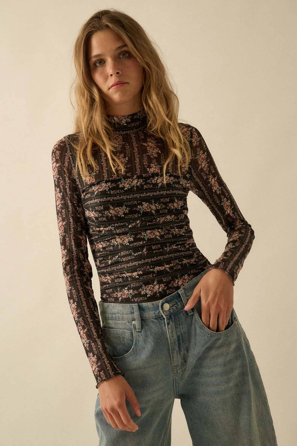 Floral-Print Mesh Ruched Mock-Neck Bodysuit