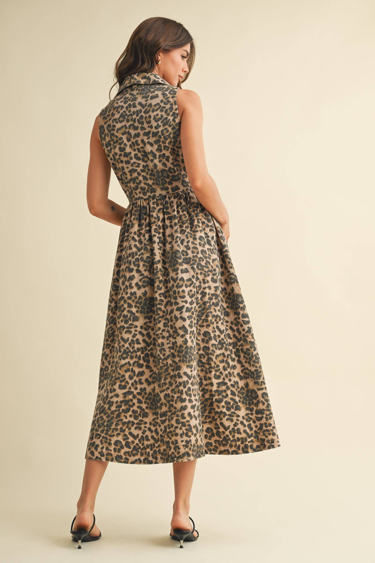 LEOPARD DENIM COLLAR FLARED MIDI DRESS