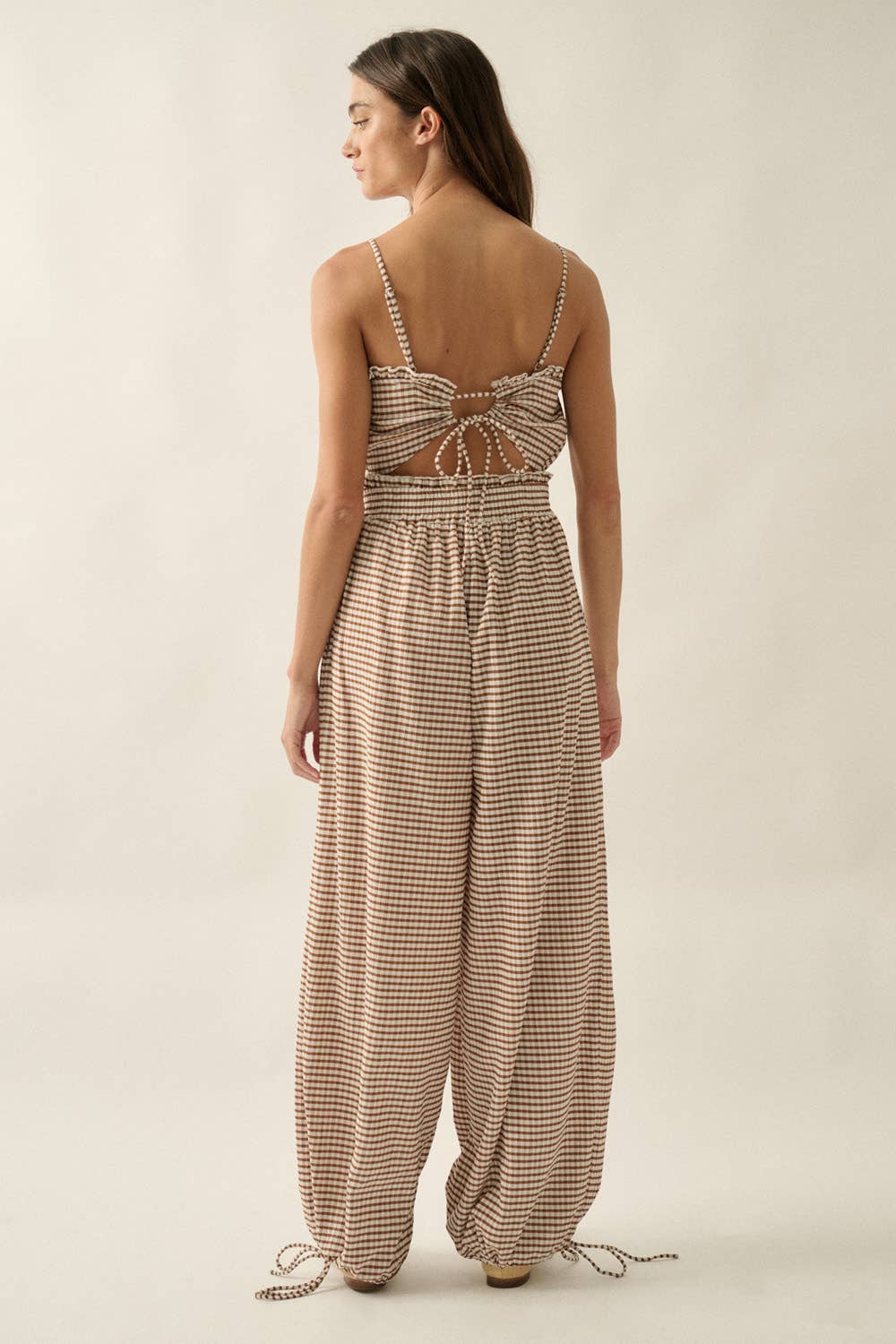 Gingham Plaid Open-Back Bubble-Leg Cami Jumpsuit