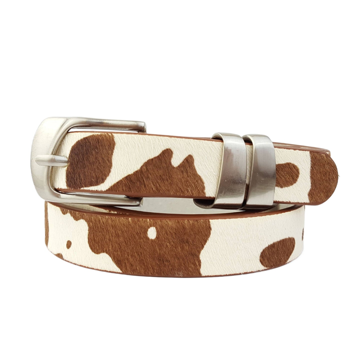 Silver DBL Loop Buckle Cow Hair Leather Belt