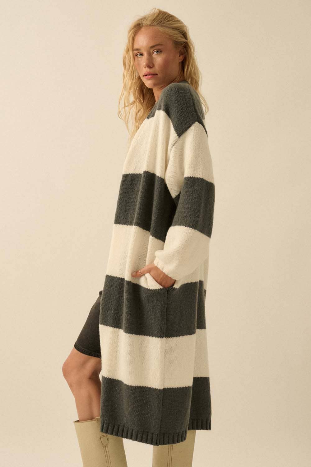 Striped Knit Open Cardi