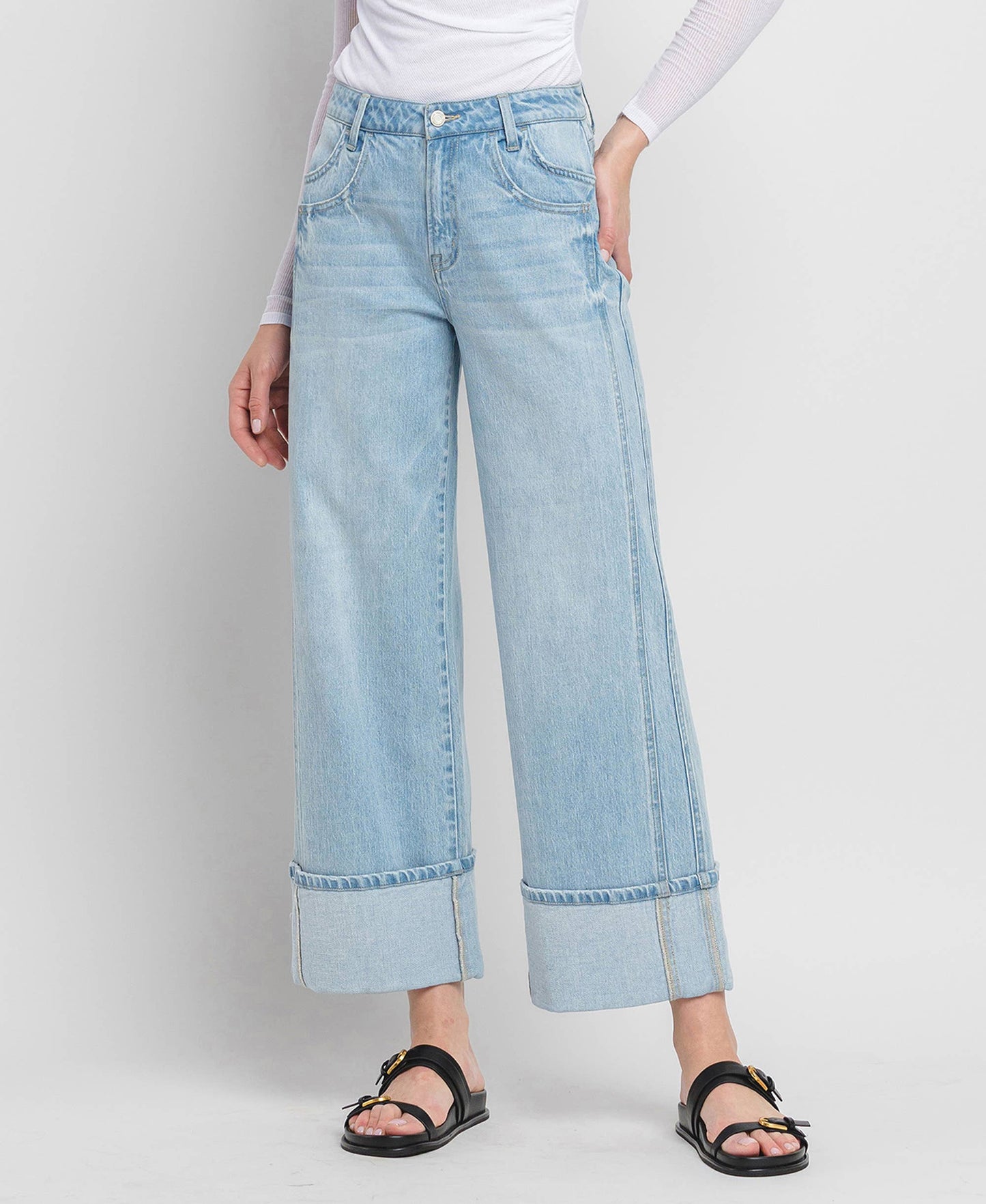 HIGH RISE CUFF BAGGY WIDE JEANS