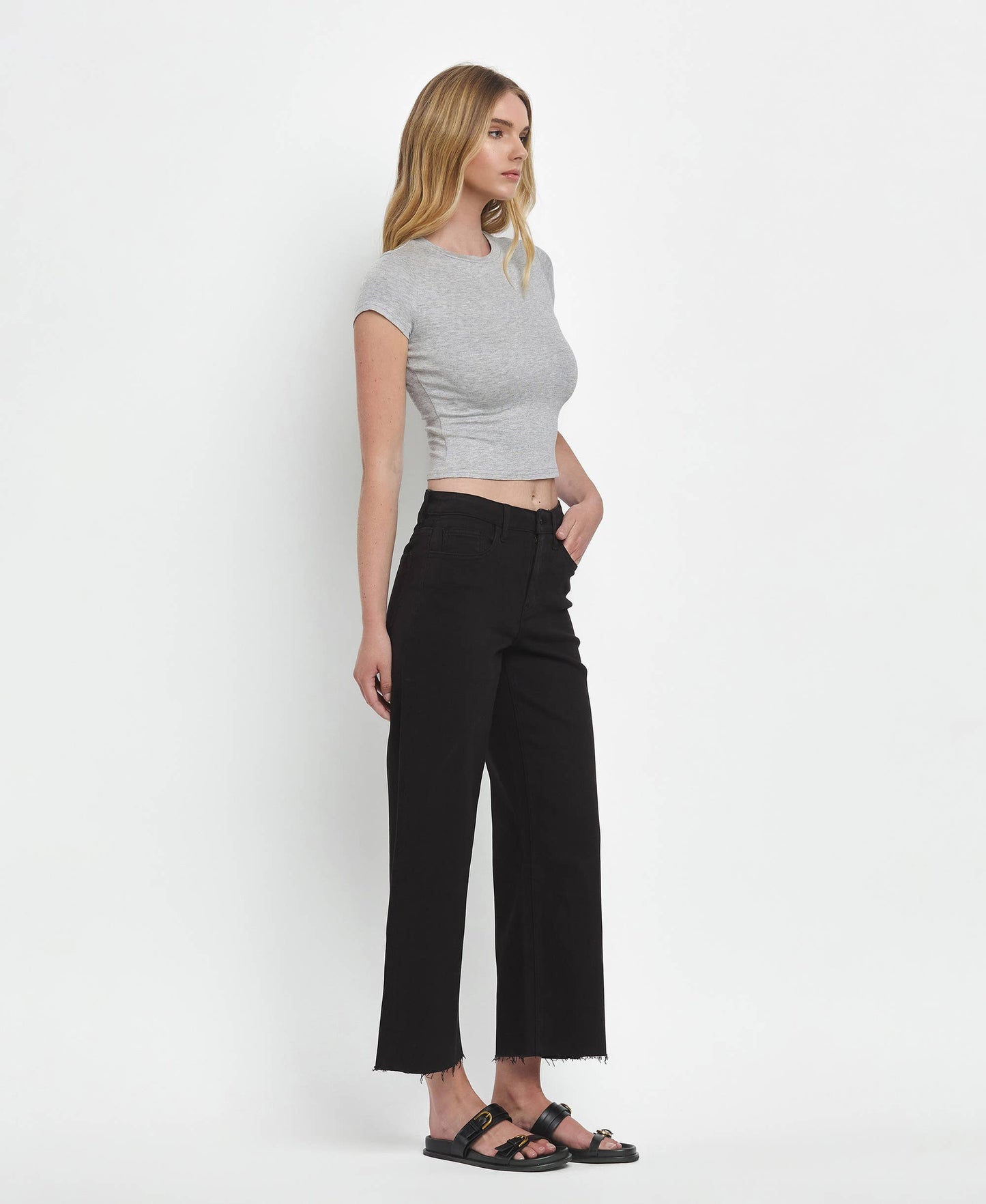 HIGH RISE BLACK CROP WIDE LEG JEANS