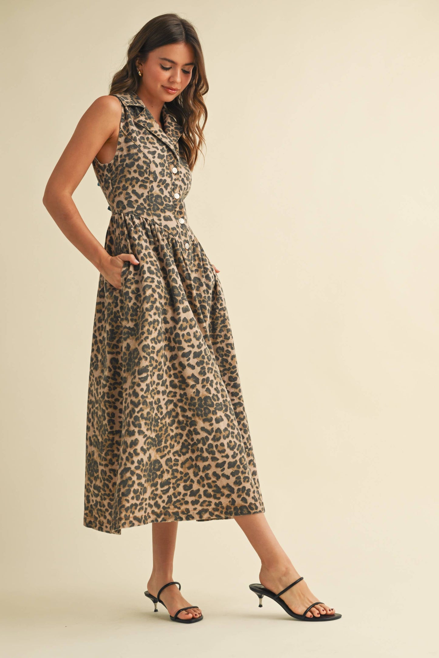 LEOPARD DENIM COLLAR FLARED MIDI DRESS