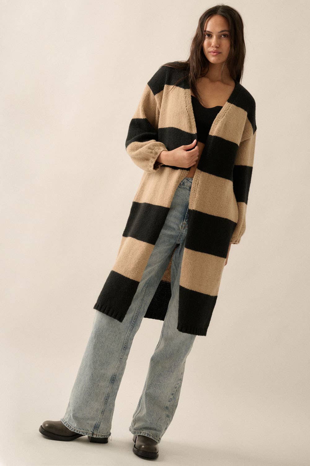 Striped Knit Open Cardi