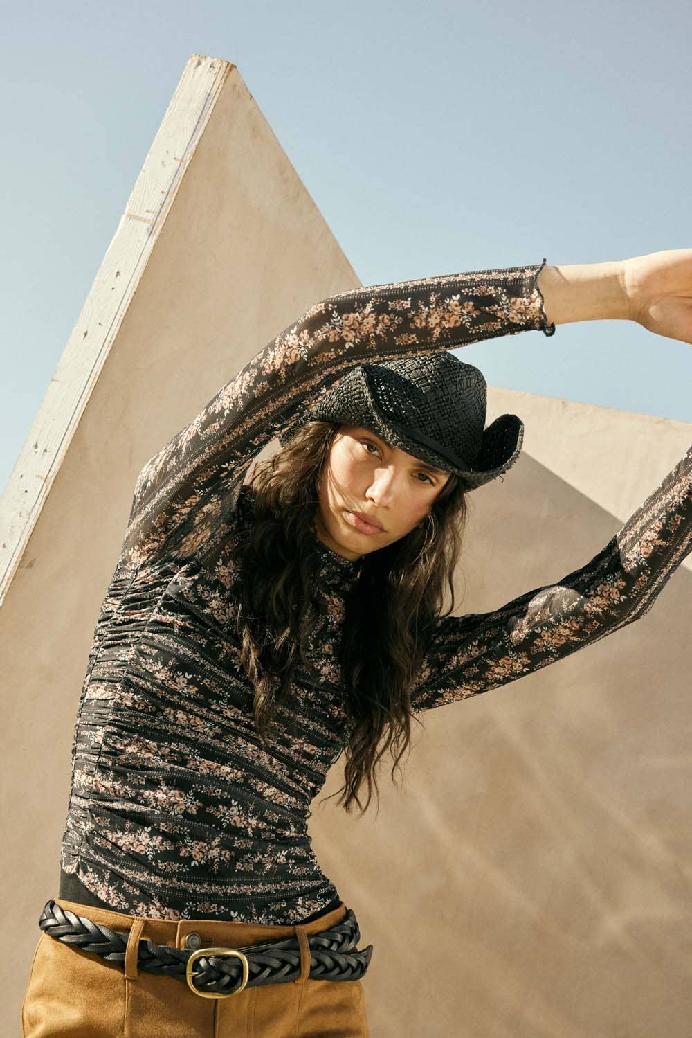 Floral-Print Mesh Ruched Mock-Neck Bodysuit