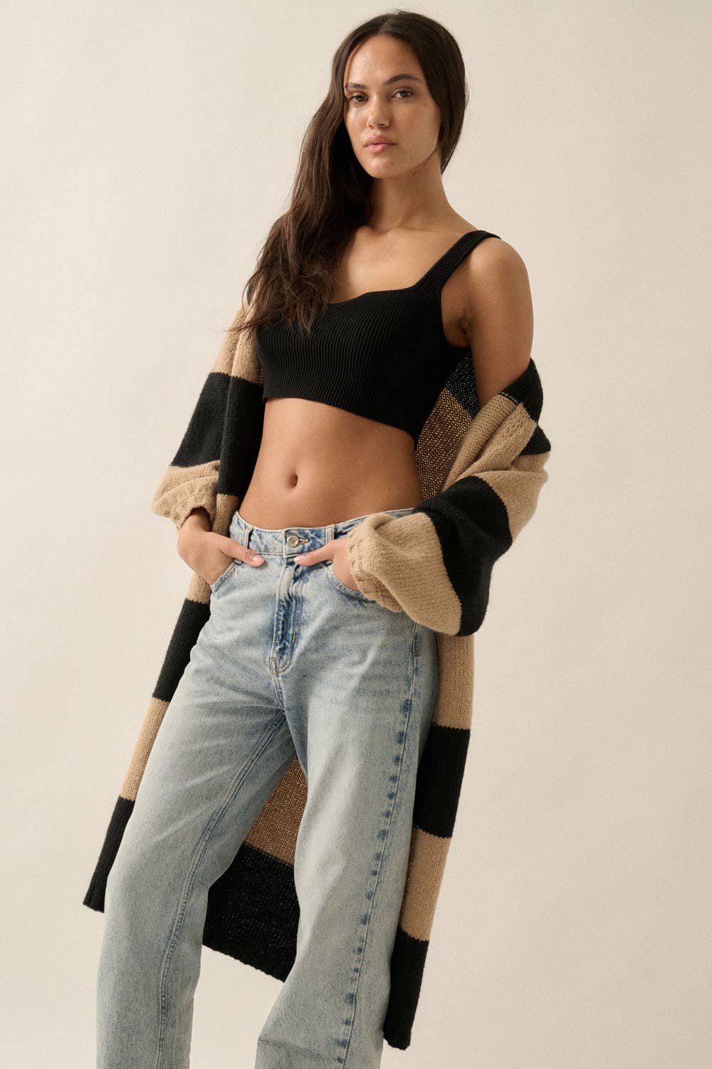 Striped Knit Open Cardi
