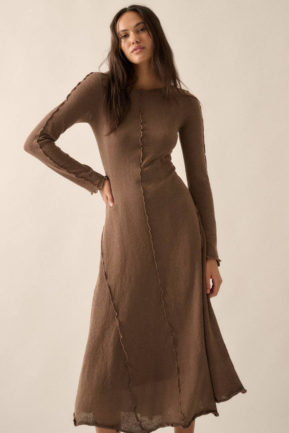 Textured Long-Sleeve Midi Dress