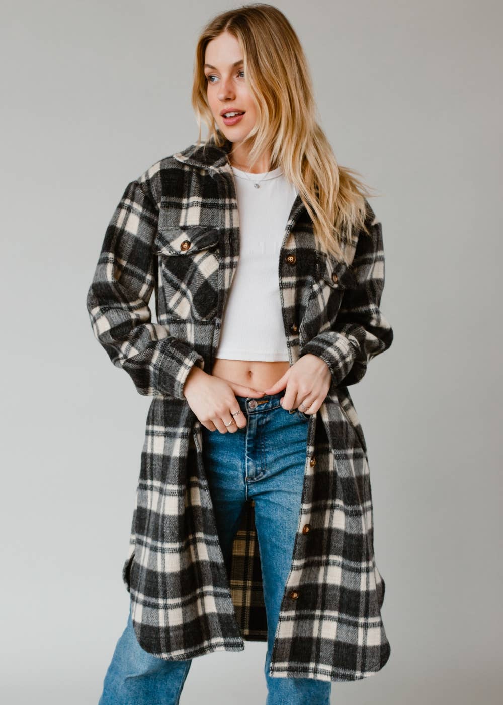 Black & Cream Plaid Long Flannel
