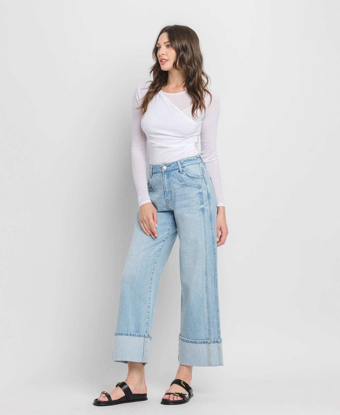 HIGH RISE CUFF BAGGY WIDE JEANS