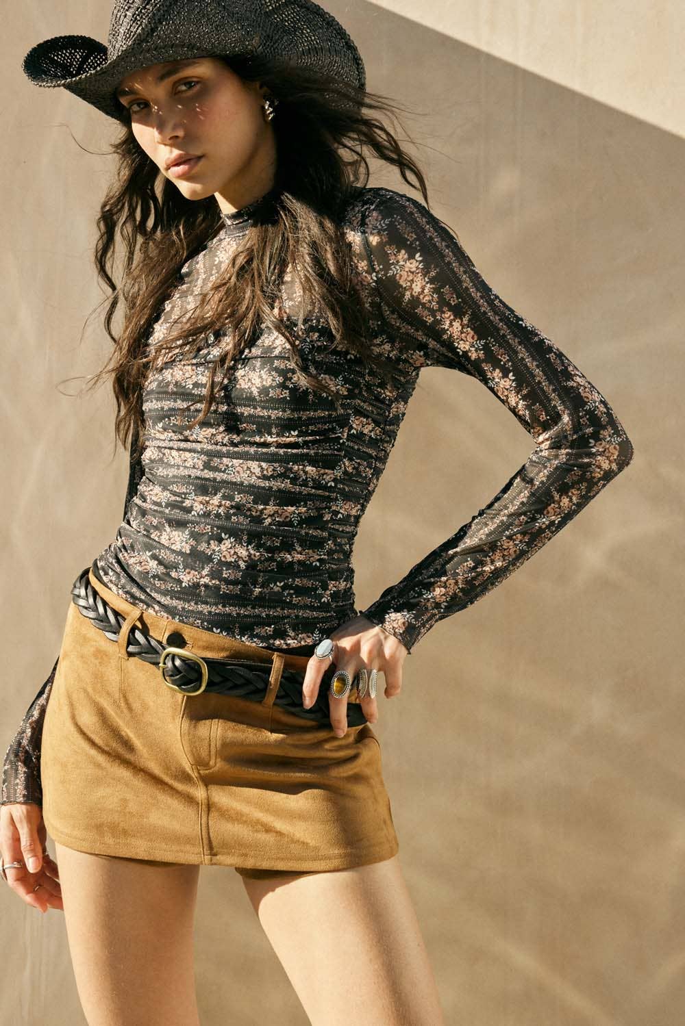 Floral-Print Mesh Ruched Mock-Neck Bodysuit