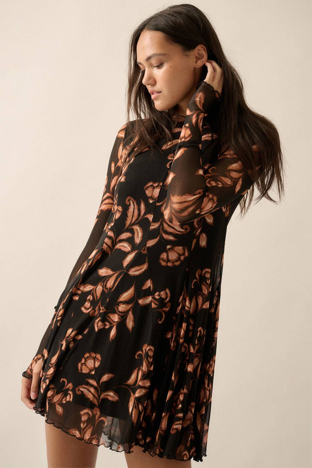Floral Mesh Long-Sleeve Pleated Skater Mini Dress