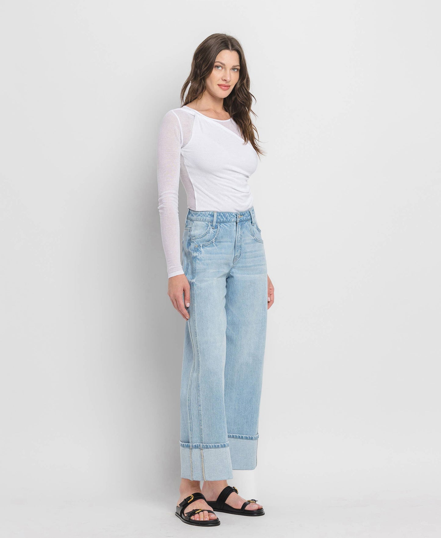 HIGH RISE CUFF BAGGY WIDE JEANS