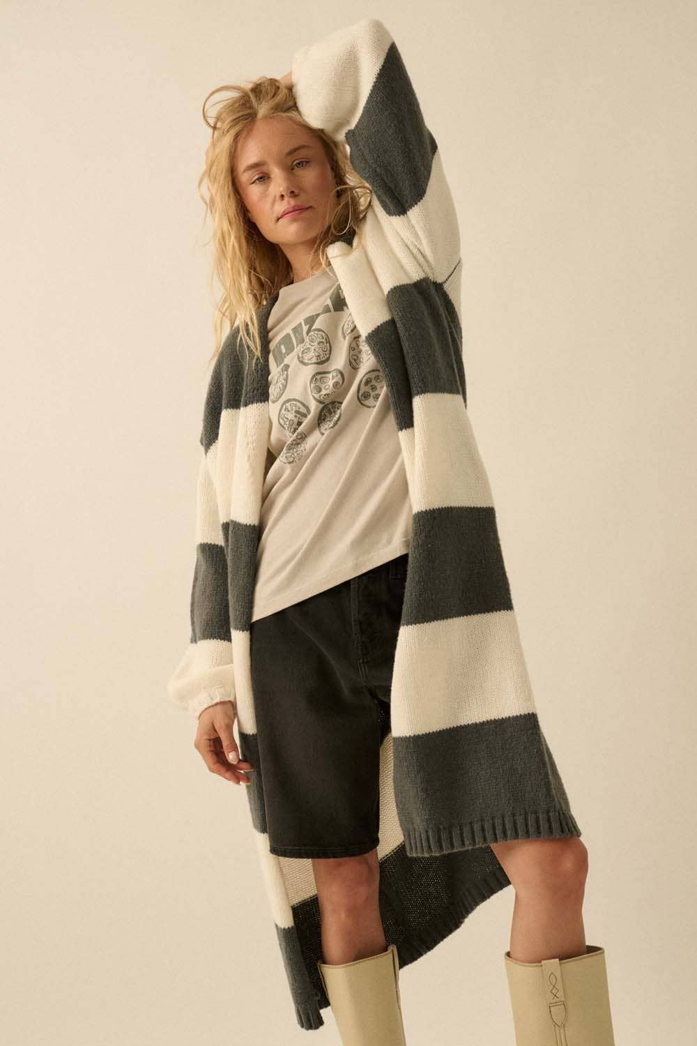 Striped Knit Open Cardi