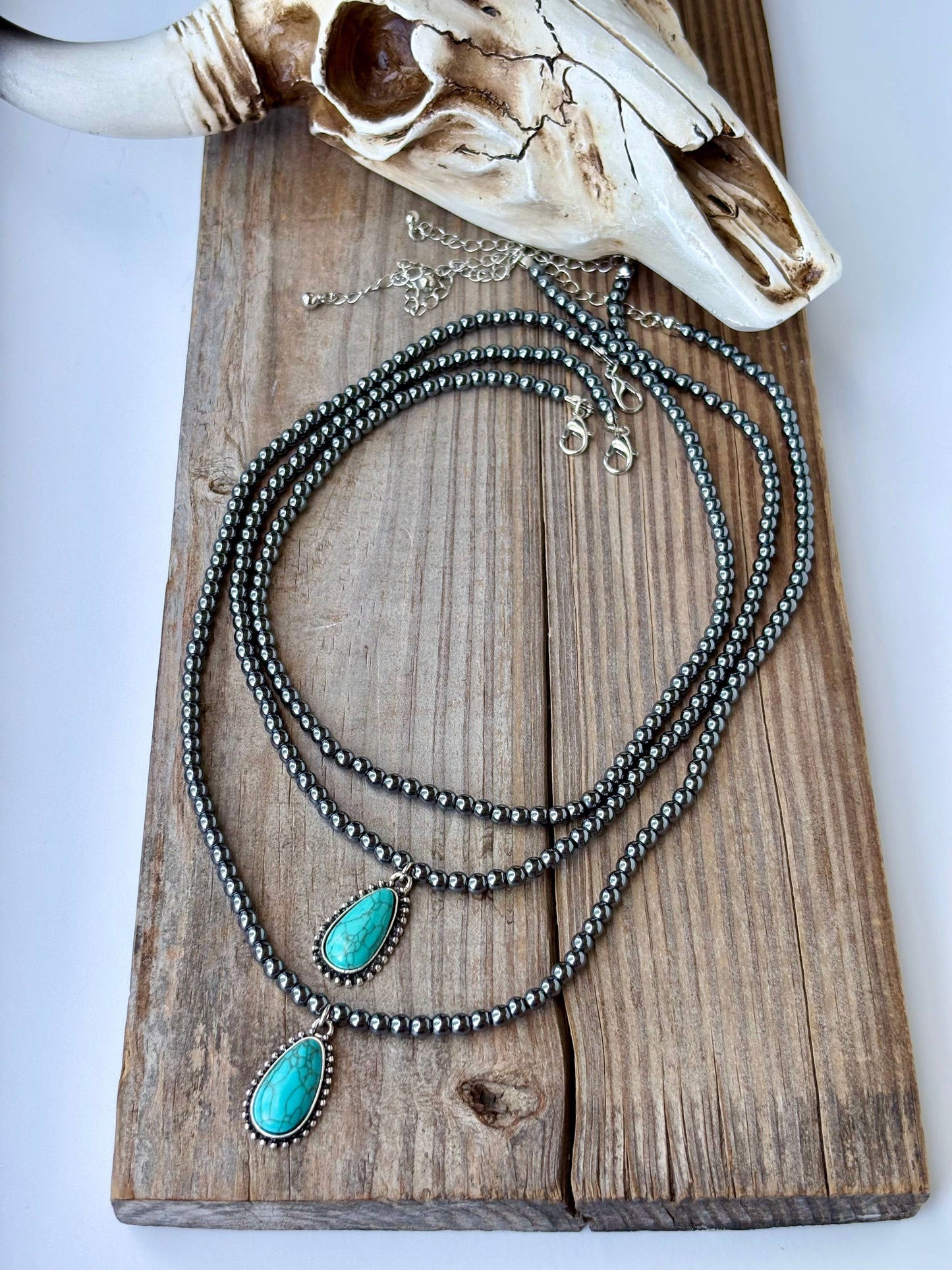 3 Layer Beaded Necklace w/ Teardrop Turquoise