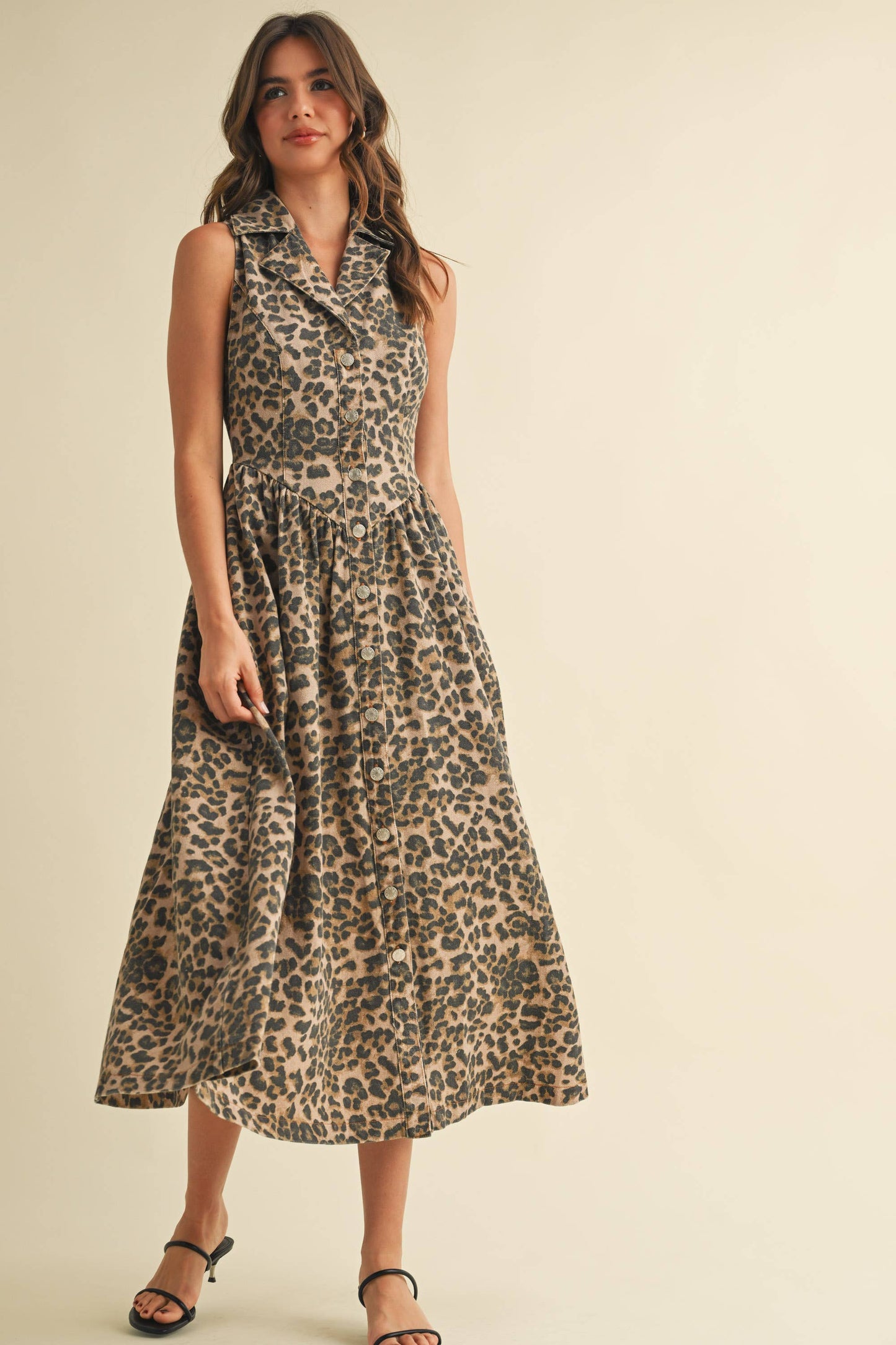 LEOPARD DENIM COLLAR FLARED MIDI DRESS