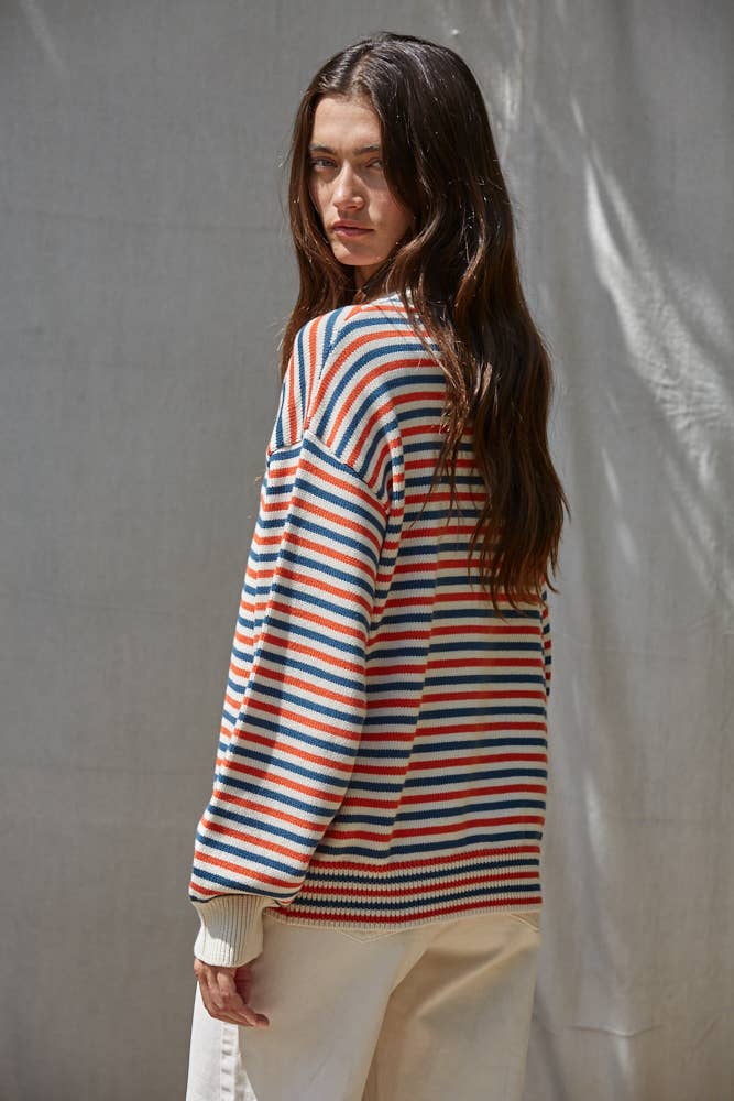 Knit Sweater Multi Color Striped Crew Neck