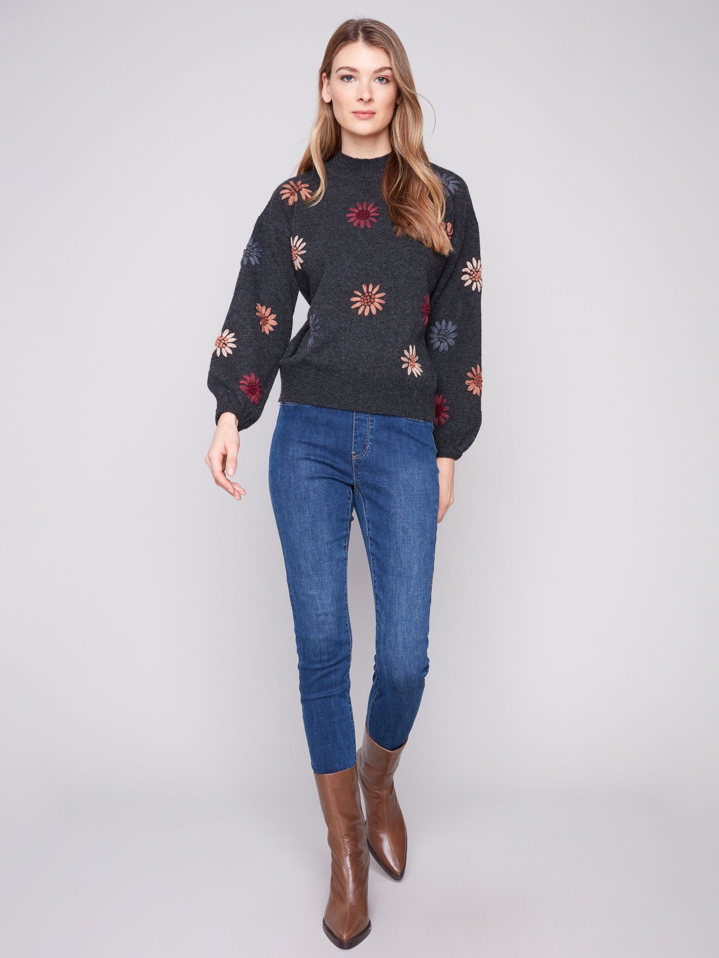 Mock Neck Sweater W Floral Embroidery