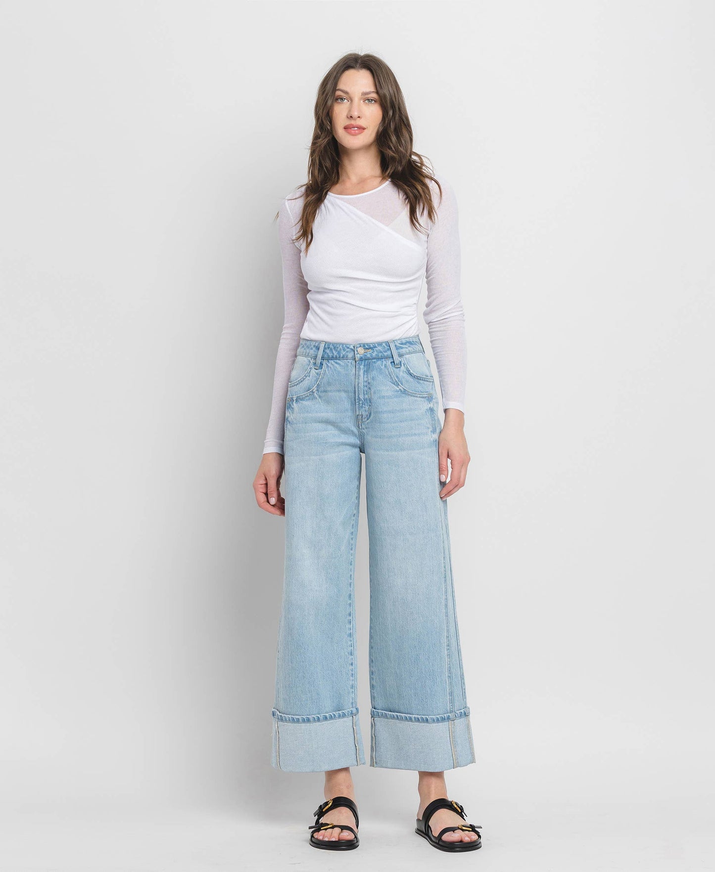 HIGH RISE CUFF BAGGY WIDE JEANS