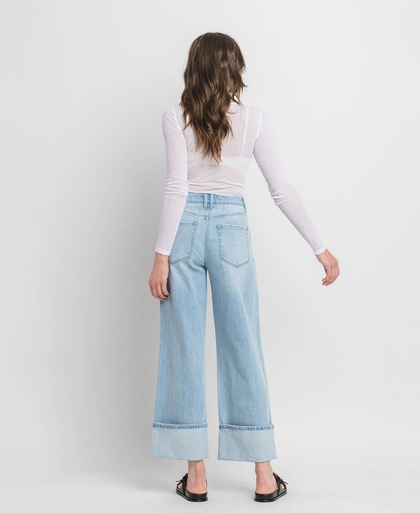 HIGH RISE CUFF BAGGY WIDE JEANS