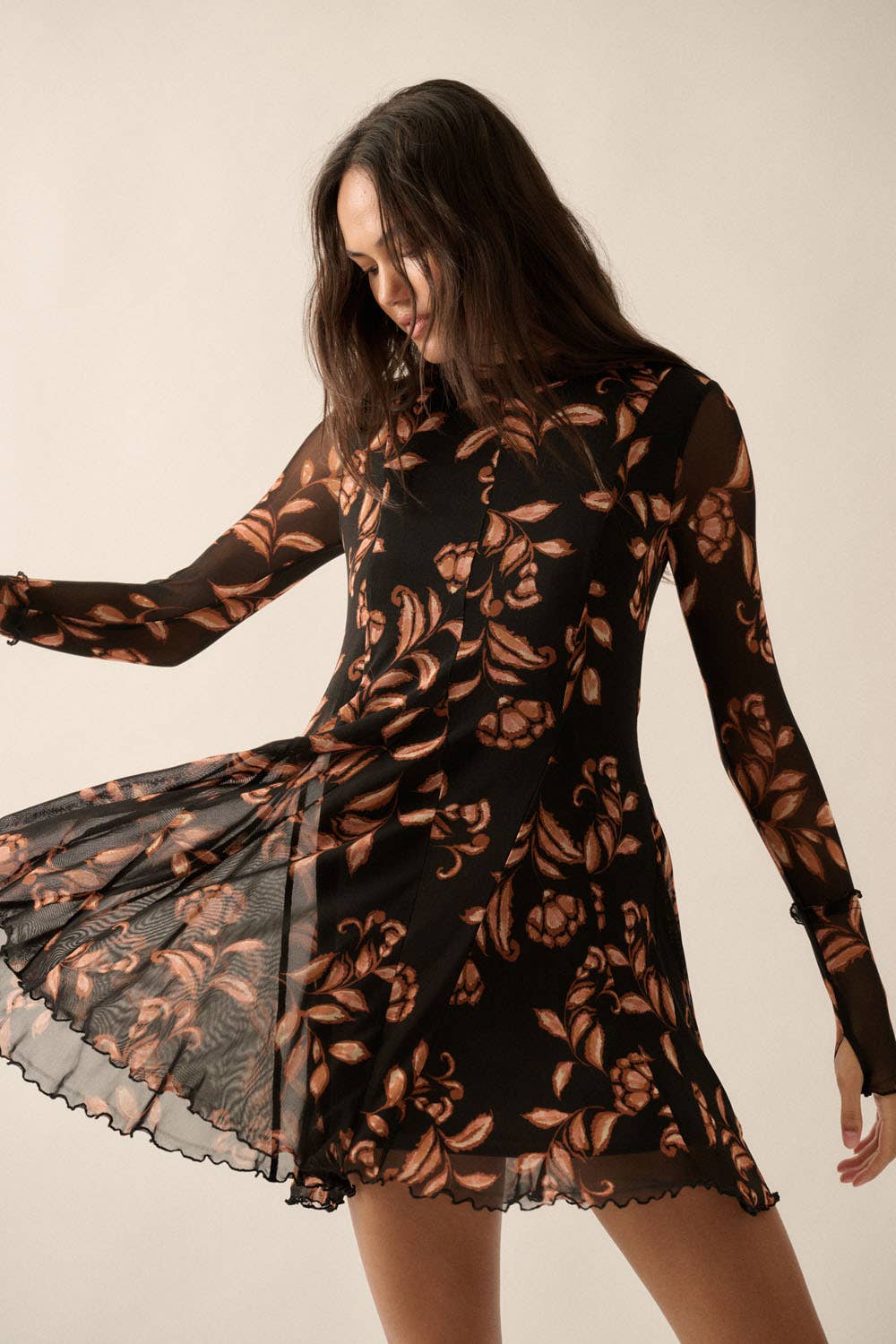 Floral Mesh Long-Sleeve Pleated Skater Mini Dress