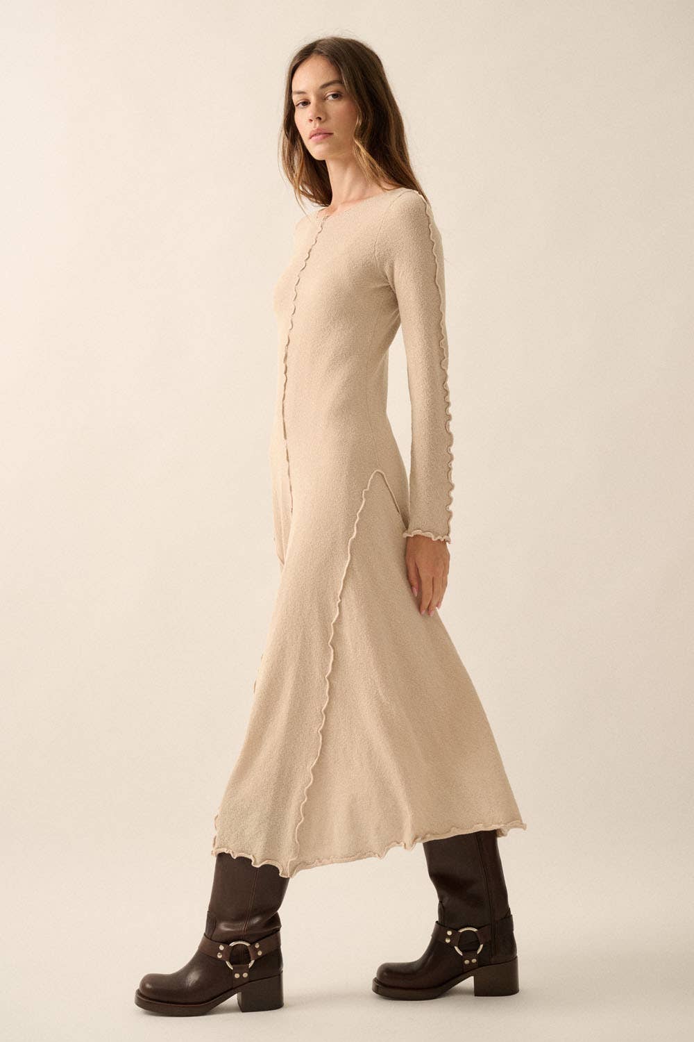 Textured Long-Sleeve Midi Dress