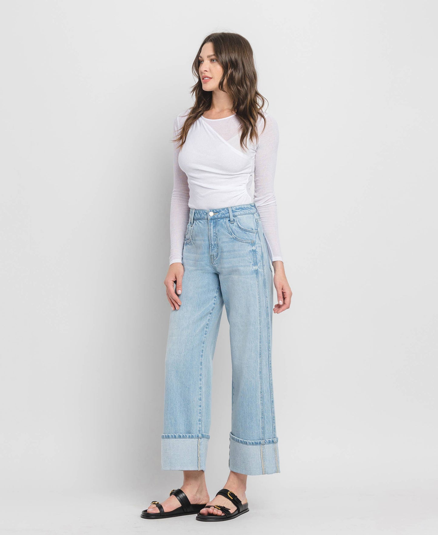 HIGH RISE CUFF BAGGY WIDE JEANS