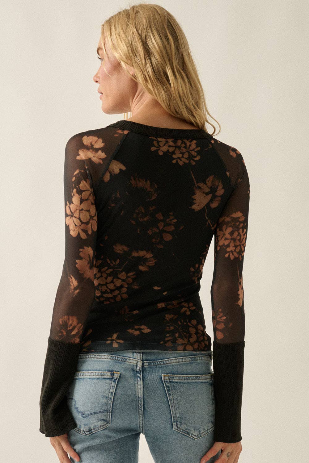 Floral Mesh Raglan Henley Top