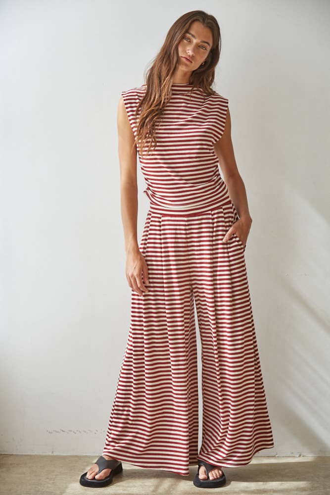 Knit Spandex Striped Wide Leg Pants Maroon+Cream (Set Option)