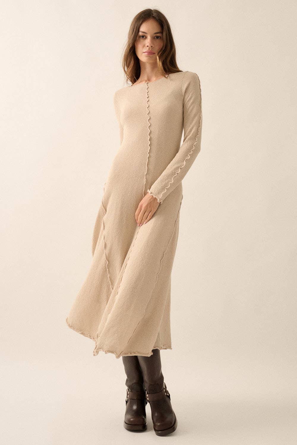 Textured Long-Sleeve Midi Dress