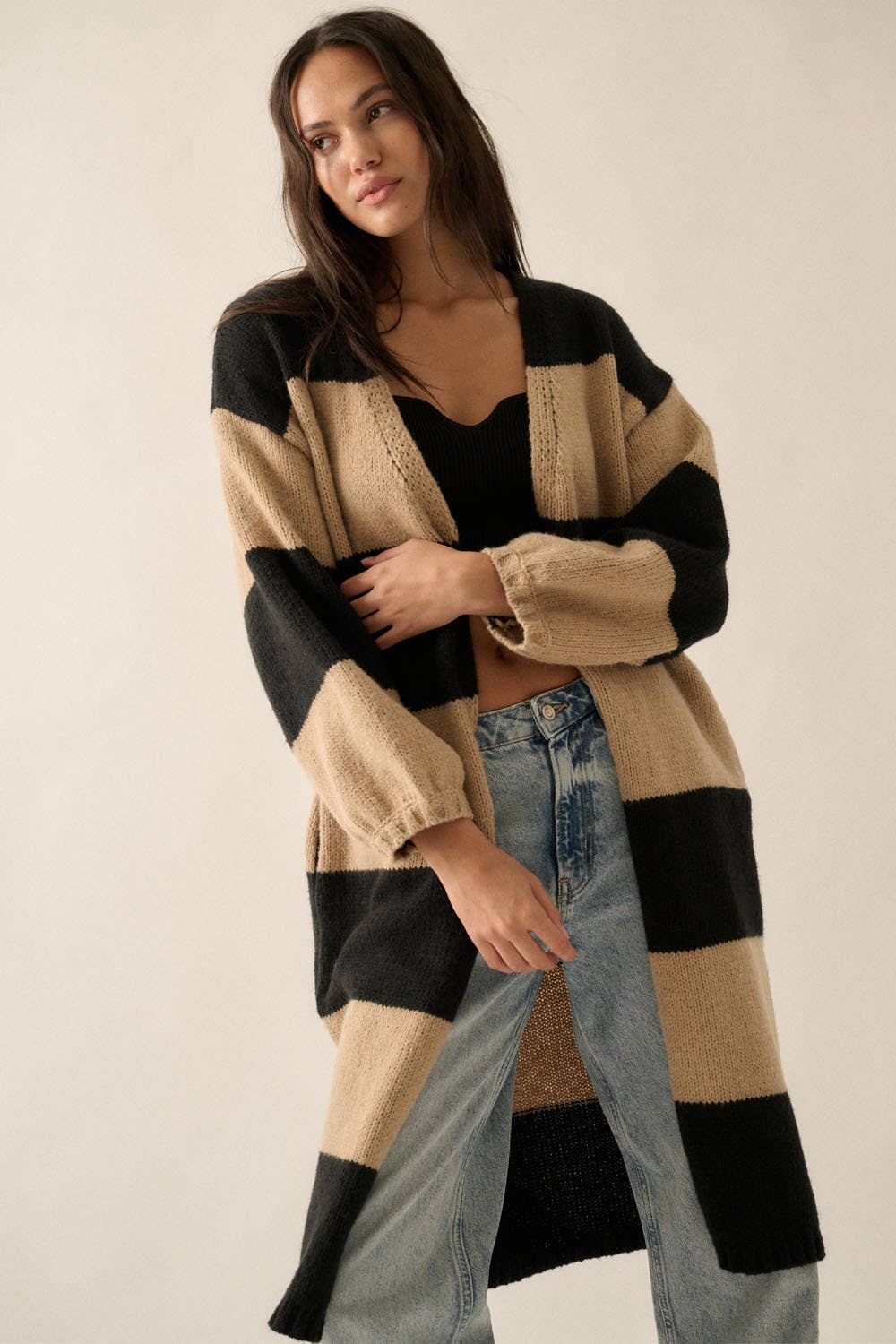 Striped Knit Open Cardi