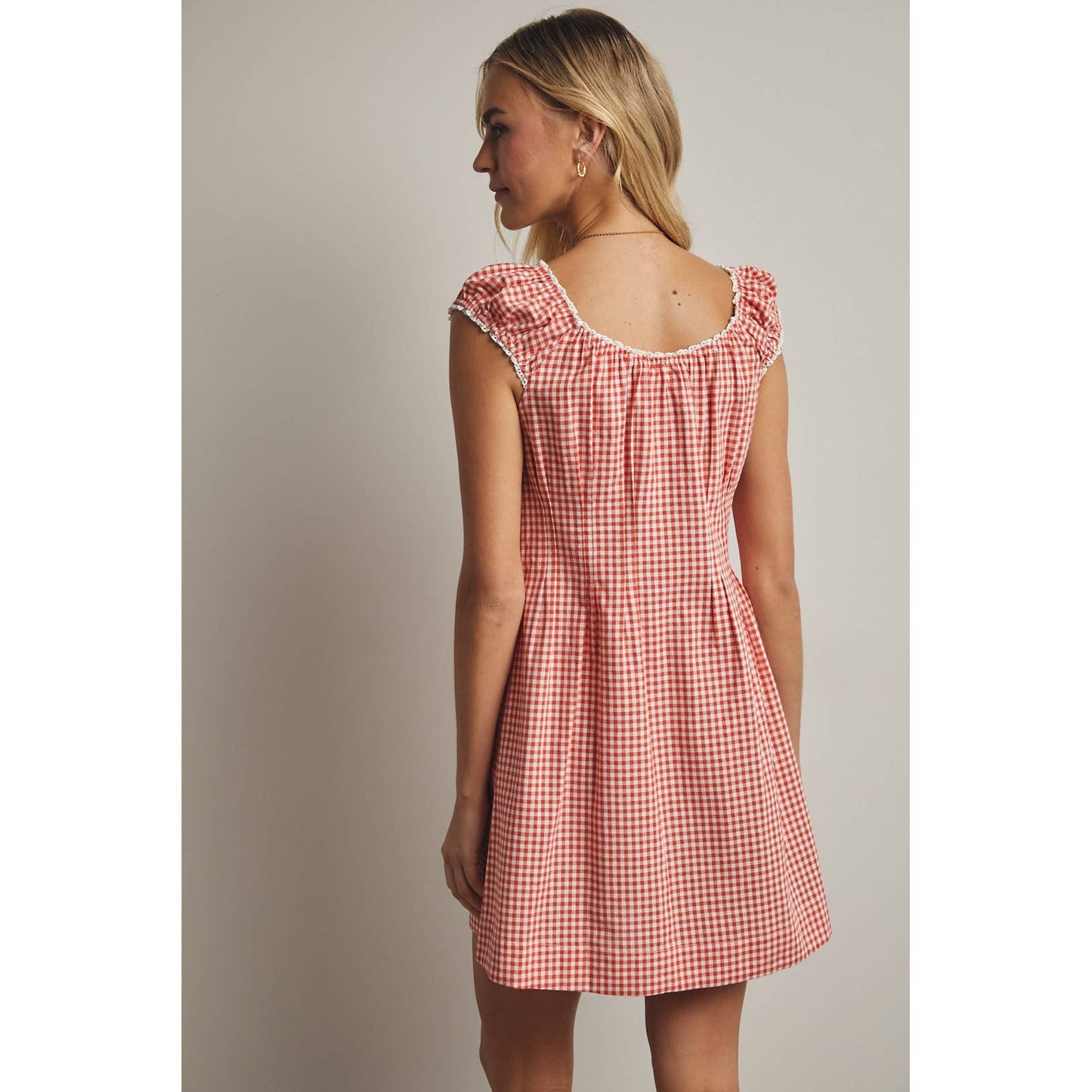 GINGHAM BUTTON-UP MINI DRESS Red Combo