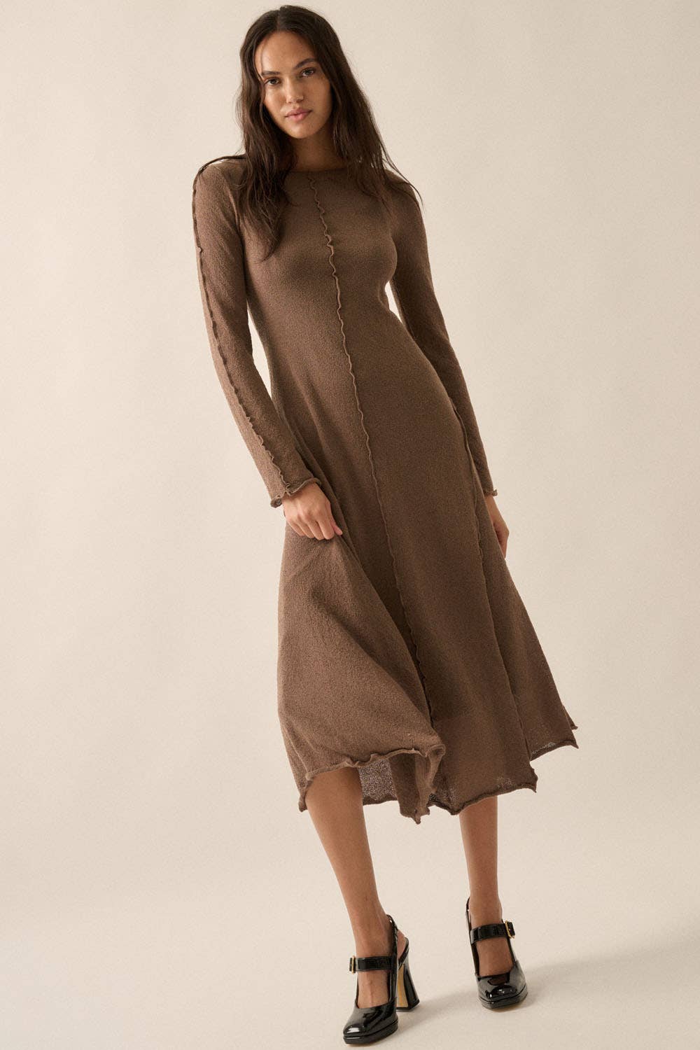Textured Long-Sleeve Midi Dress