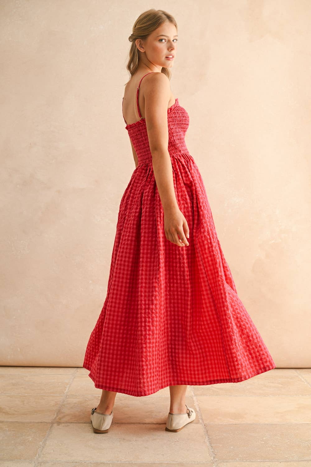 GINGHAM PRINT LONG DRESS