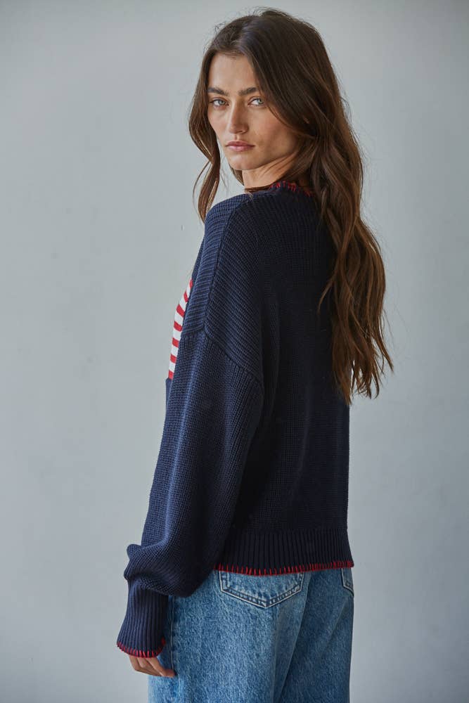 Knit Sweater American Flag Pullover Navy