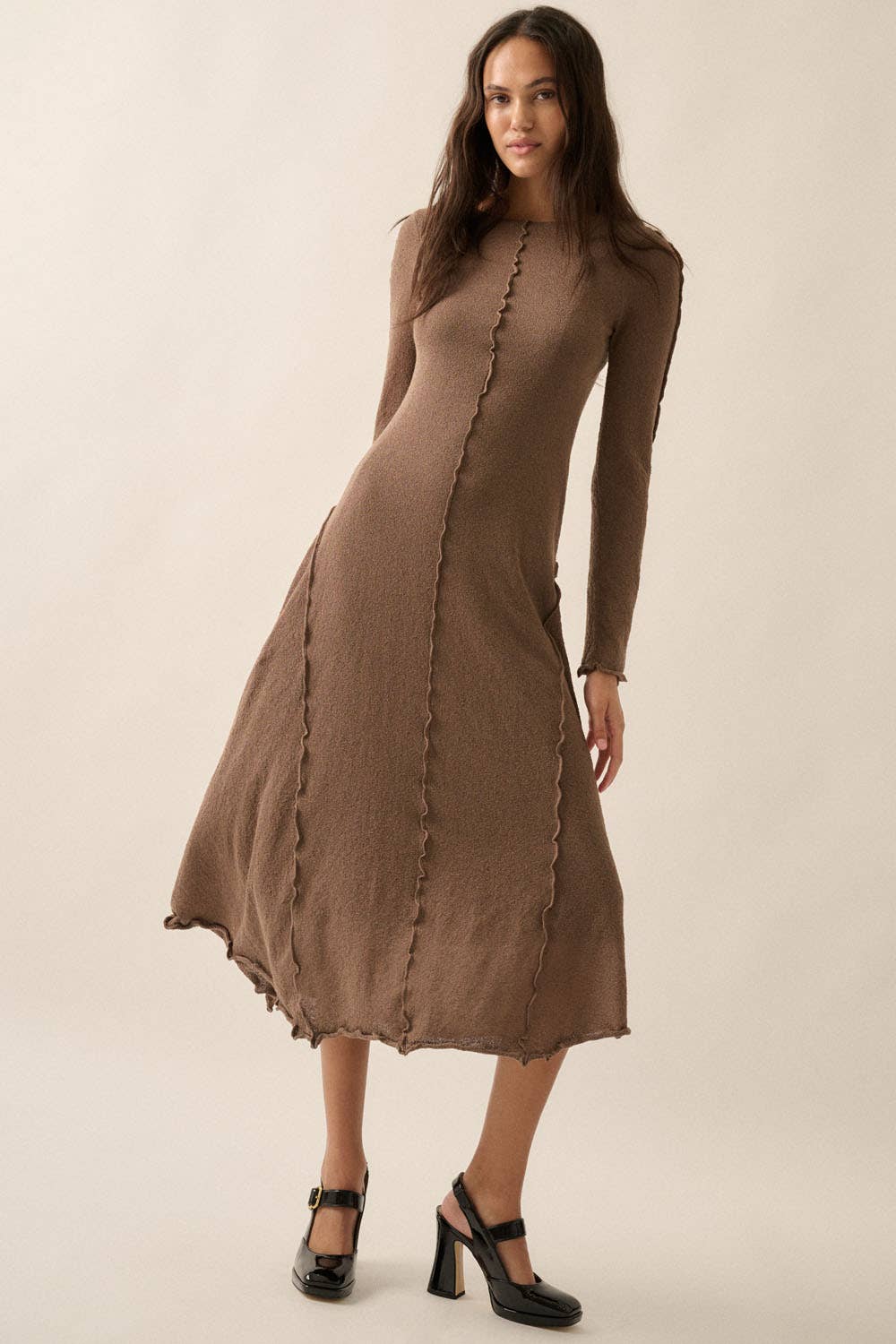 Textured Long-Sleeve Midi Dress