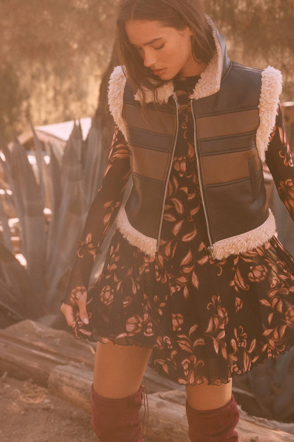 Floral Mesh Long-Sleeve Pleated Skater Mini Dress