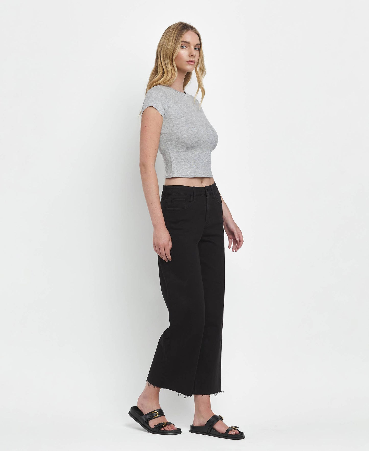 HIGH RISE BLACK CROP WIDE LEG JEANS