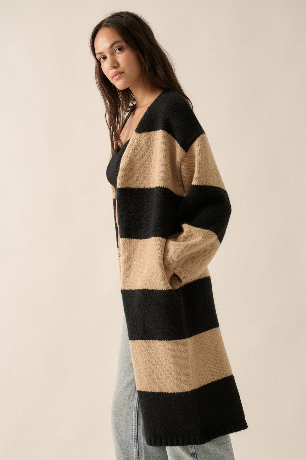 Striped Knit Open Cardi