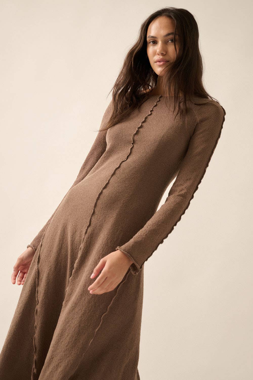 Textured Long-Sleeve Midi Dress