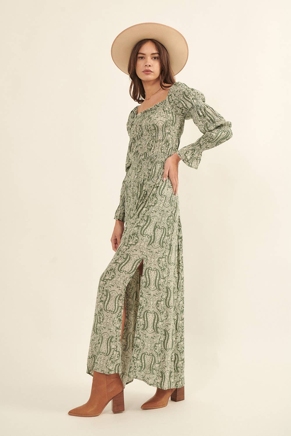 Paisley Square Neck Long Sleeve Maxi Dress