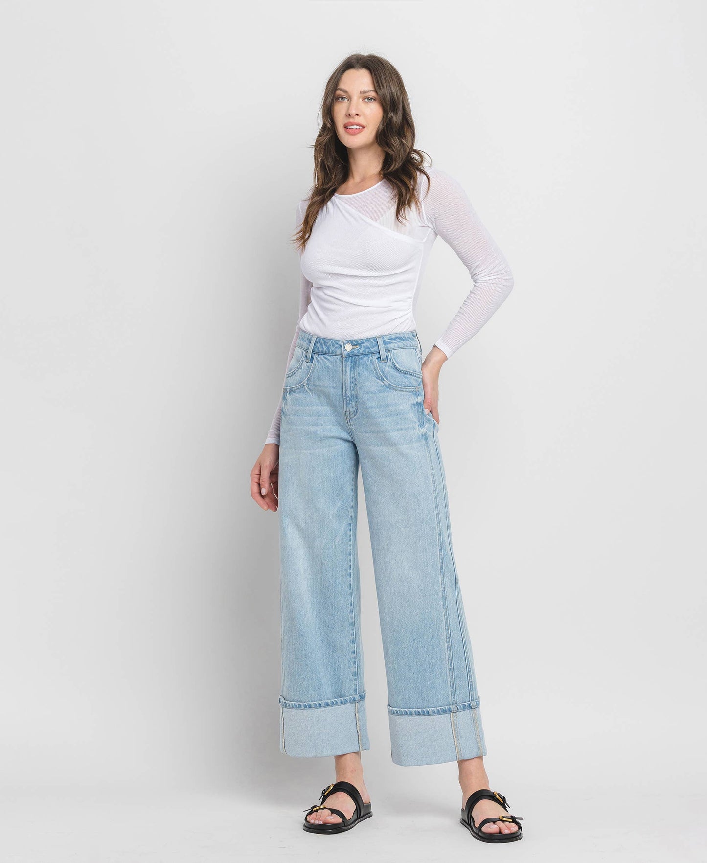 HIGH RISE CUFF BAGGY WIDE JEANS