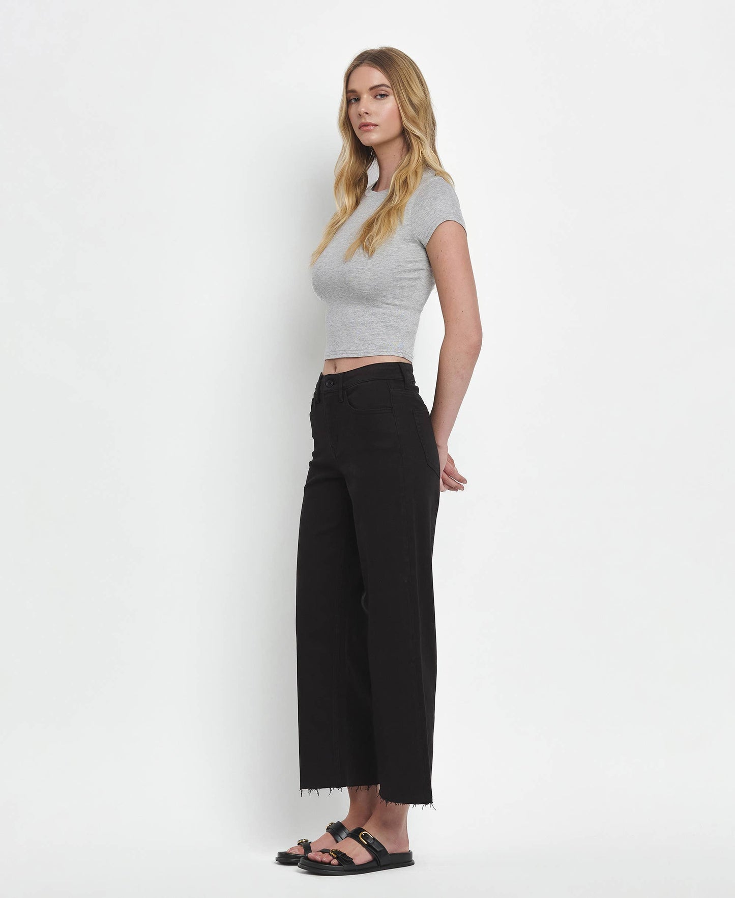HIGH RISE BLACK CROP WIDE LEG JEANS