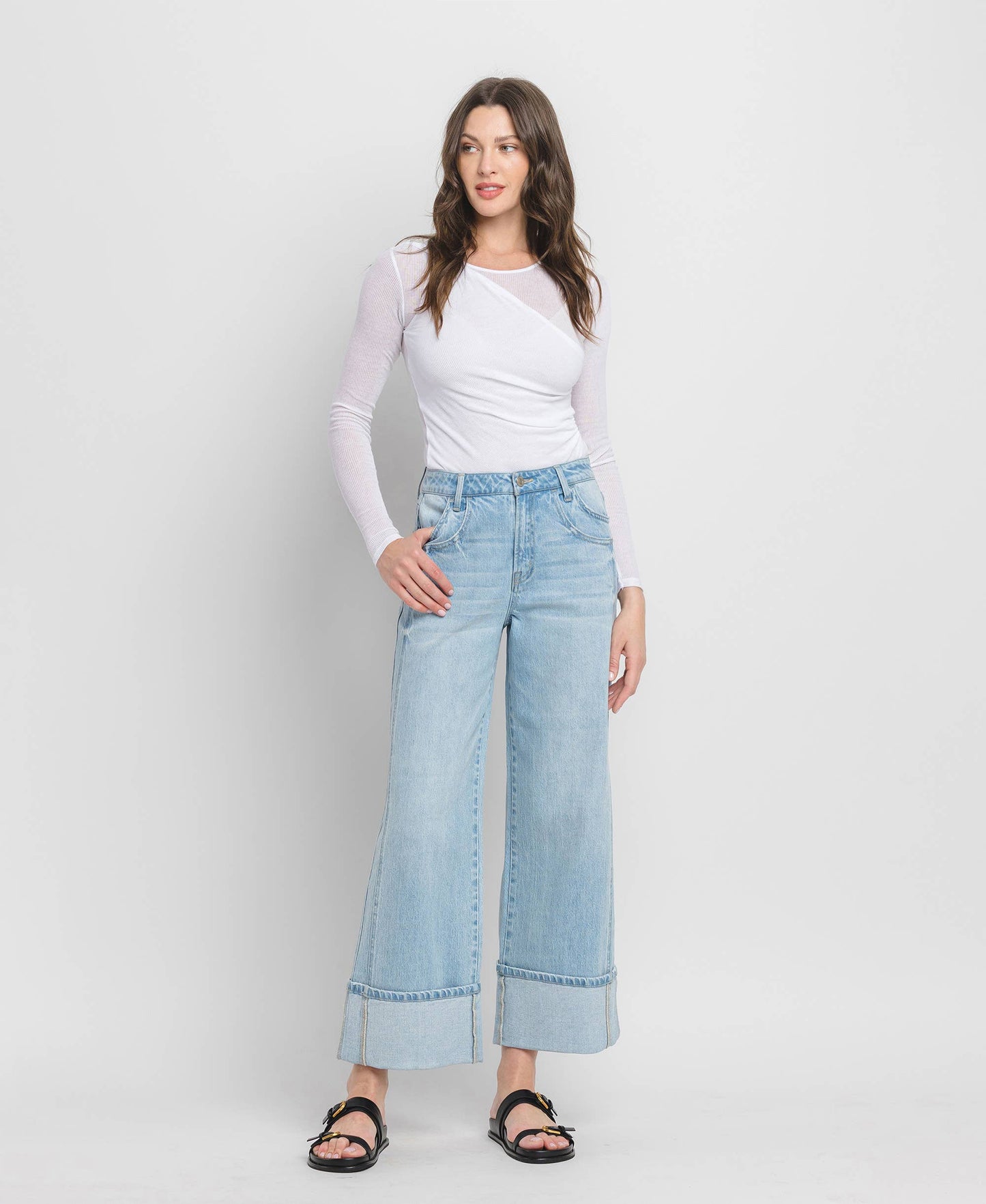 HIGH RISE CUFF BAGGY WIDE JEANS