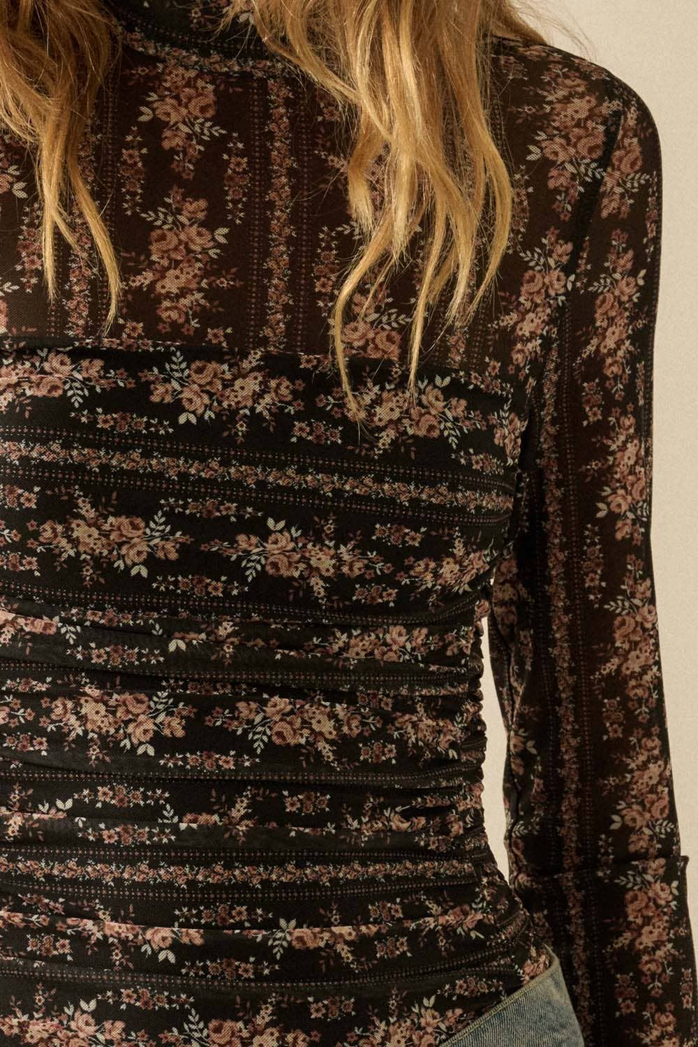 Floral-Print Mesh Ruched Mock-Neck Bodysuit