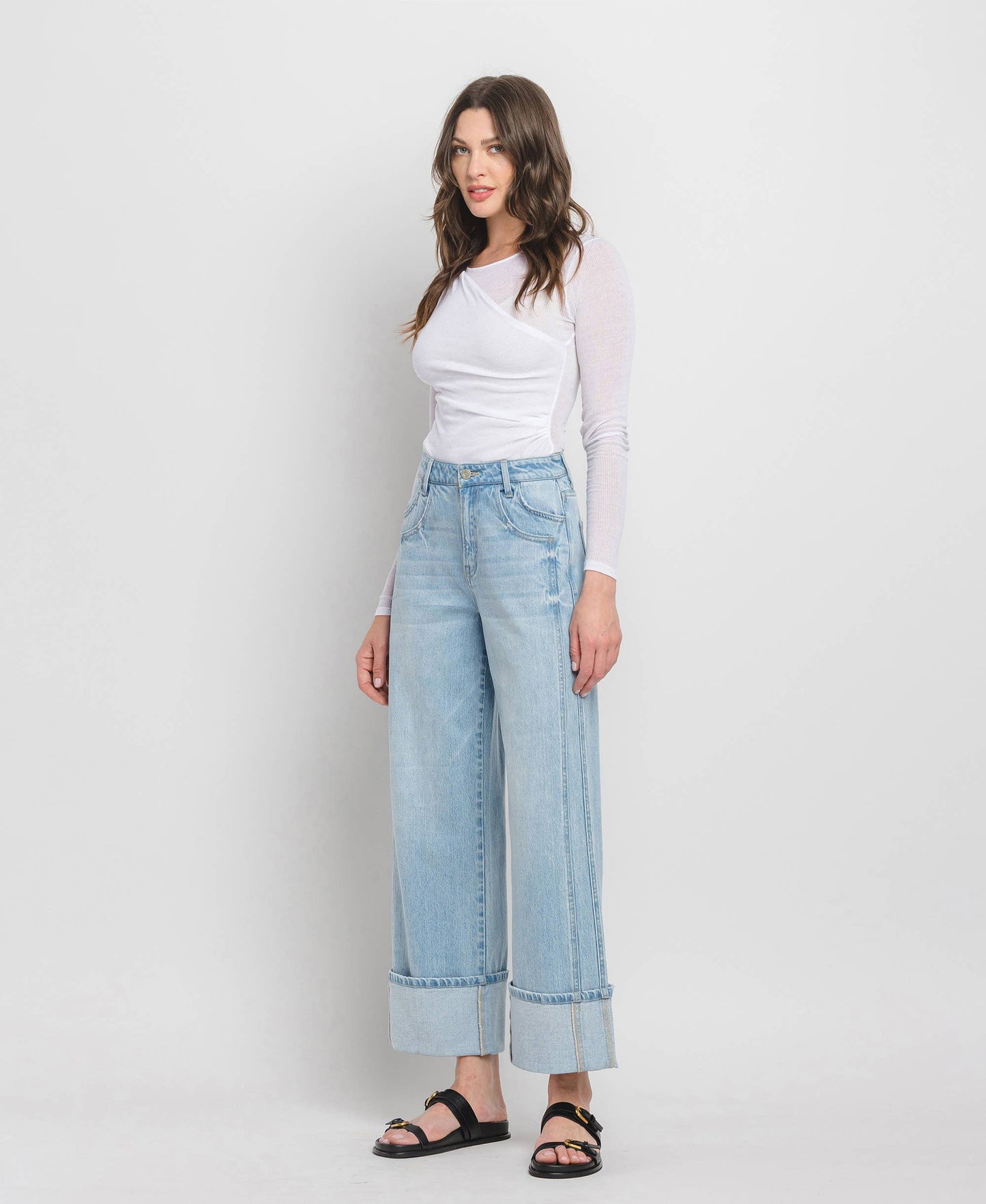 HIGH RISE CUFF BAGGY WIDE JEANS