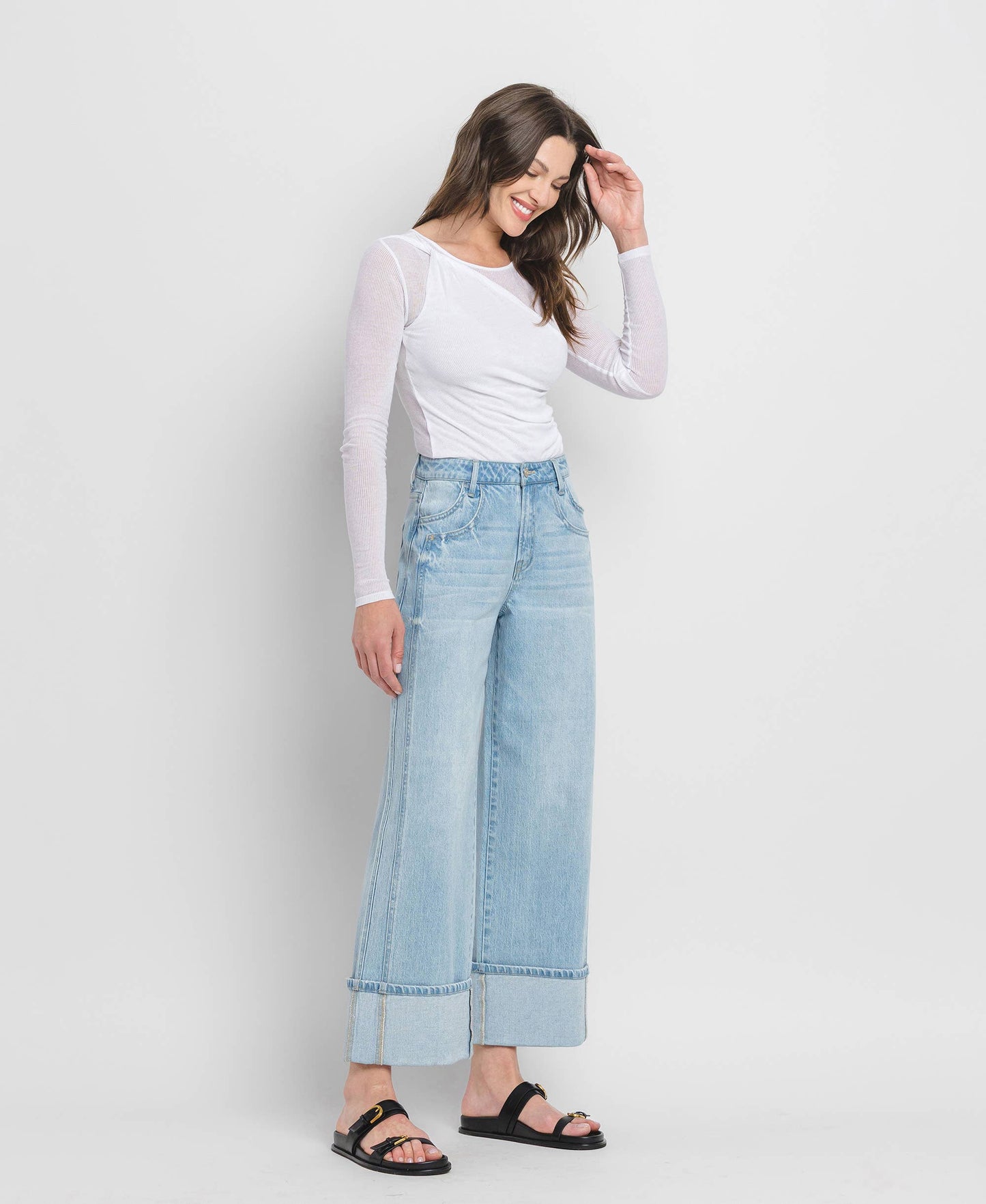 HIGH RISE CUFF BAGGY WIDE JEANS