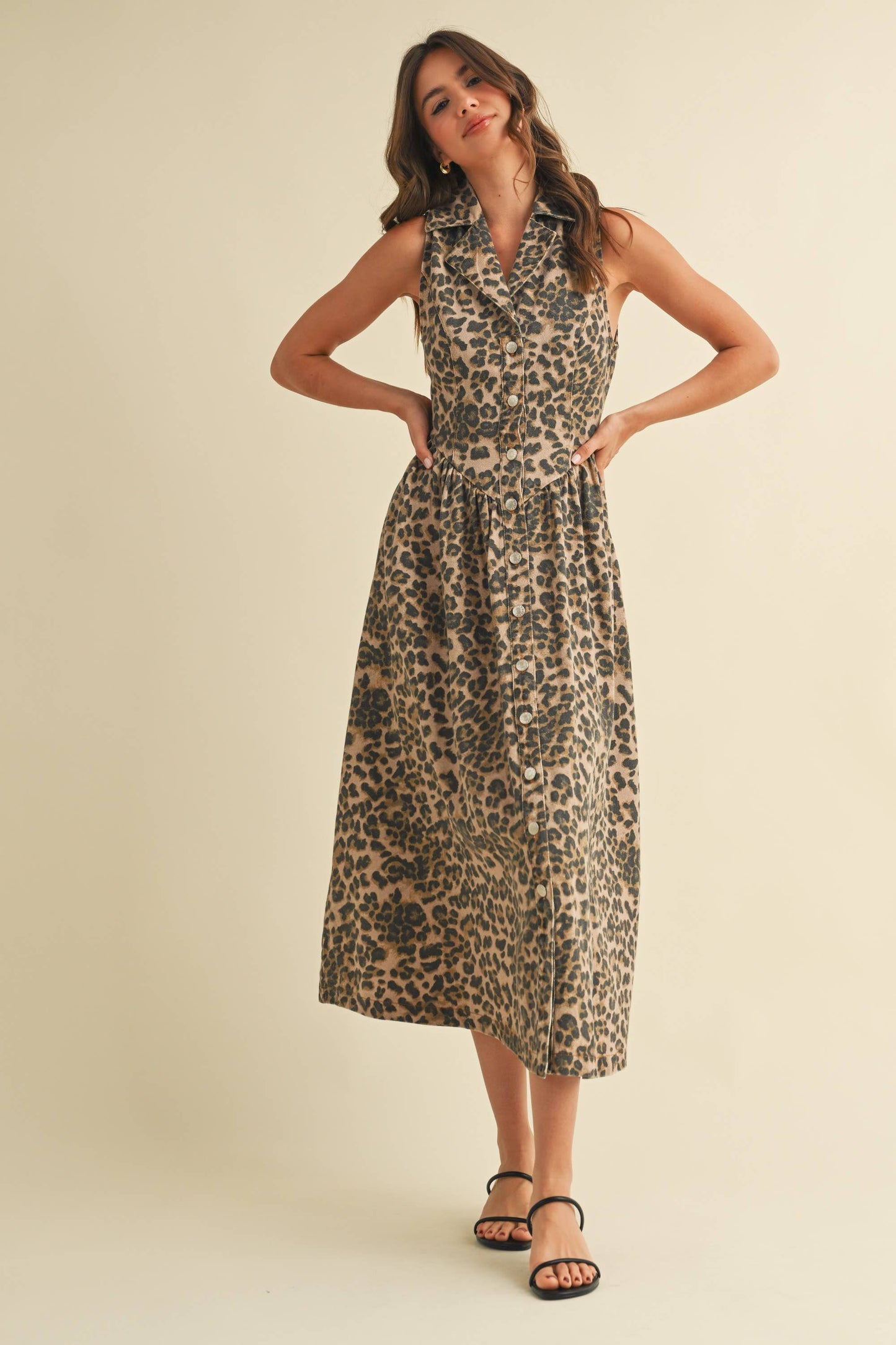 LEOPARD DENIM COLLAR FLARED MIDI DRESS