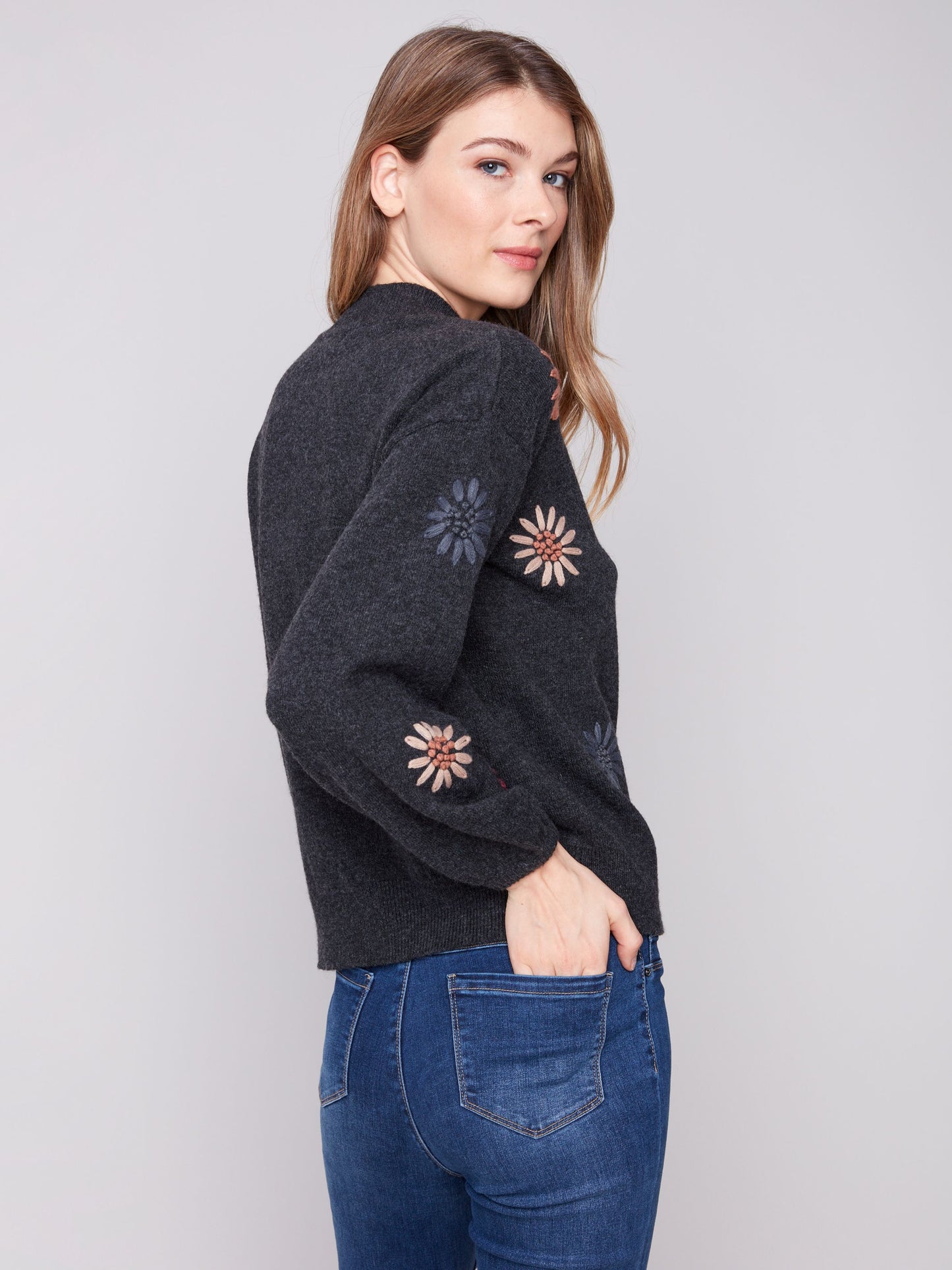 Mock Neck Sweater W Floral Embroidery