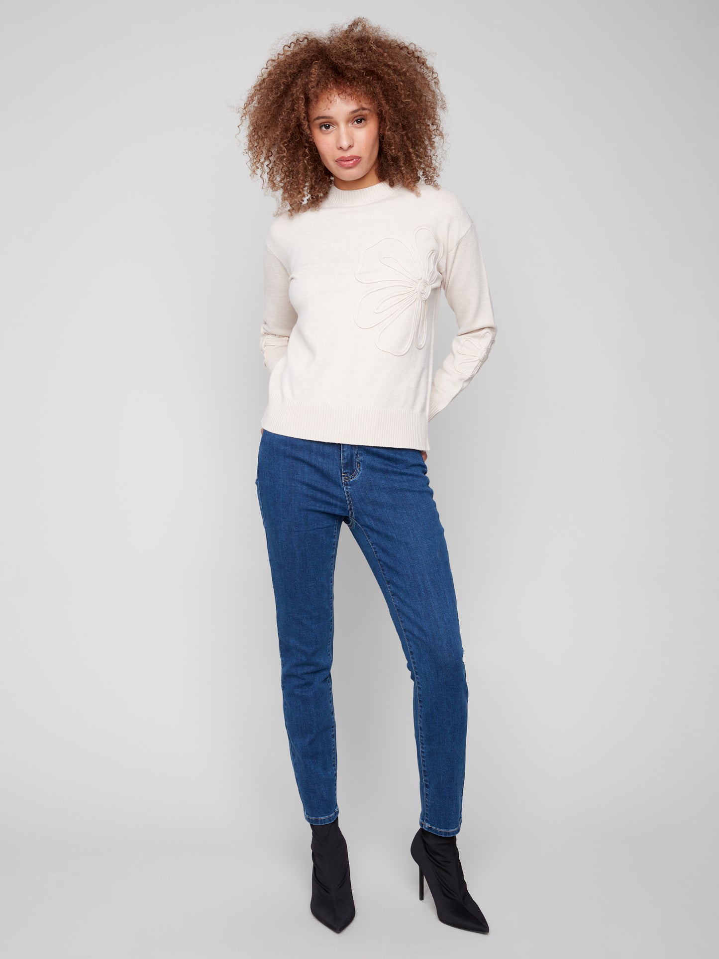 Drop Shoulder Sweater W Floral Detial